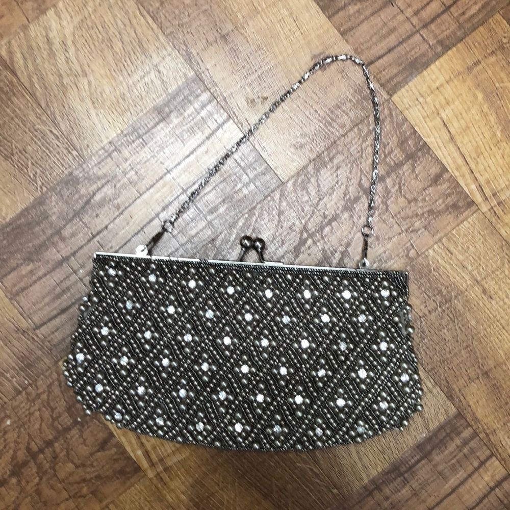 Grey pearl and rhinestone clutch